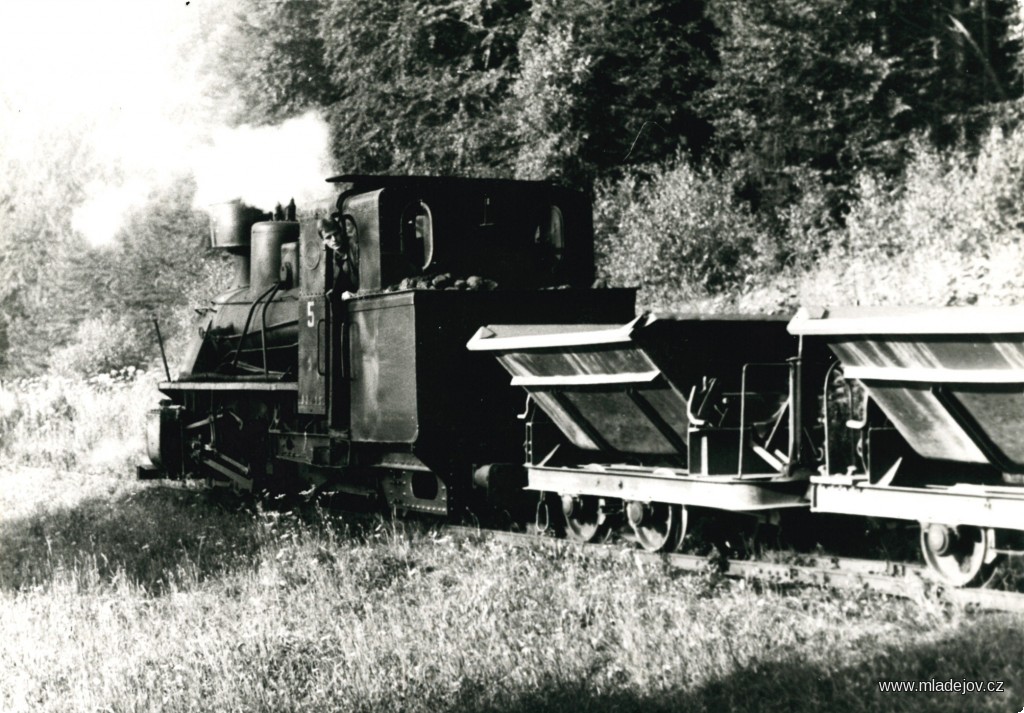 Fotografie Prázdný vlak z&nbsp;Mladějova na Hřebeč s&nbsp;lokomotivou č. 5 v&nbsp;čele, nejspíše na Vekslu.