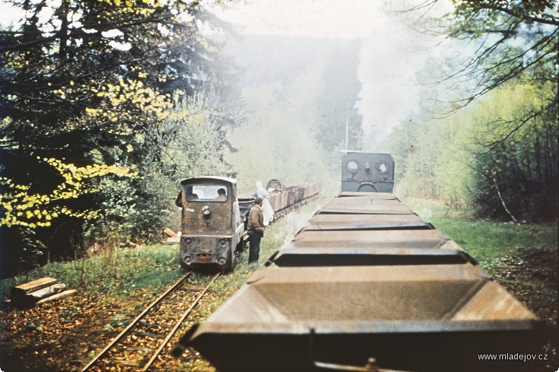 Fotografie Křižování s&nbsp;protijedoucím motorovým vlakem vedeným lokomotivou BN-60 H na Nové Vsi, která v&nbsp;té době sloužila jako výhybna.