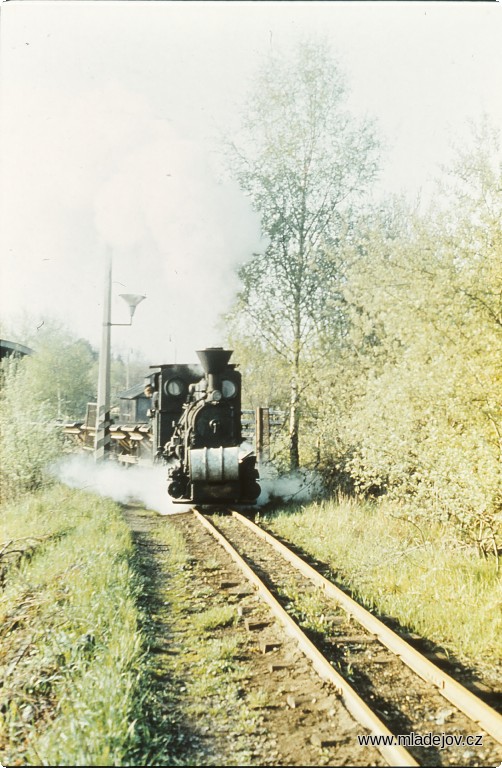 Fotografie Lokomotiva č. 1 u&nbsp;vlakové brány v&nbsp;Mladějově. Kolej doleva vede na výsypku, kde se výklopné dvoukubíkové vozy vyprazdňovaly.