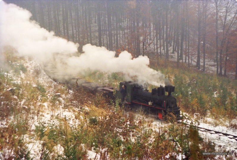 Fotografie Parní vlak jede zasněženým úbočím Hřebečského hřbetu.