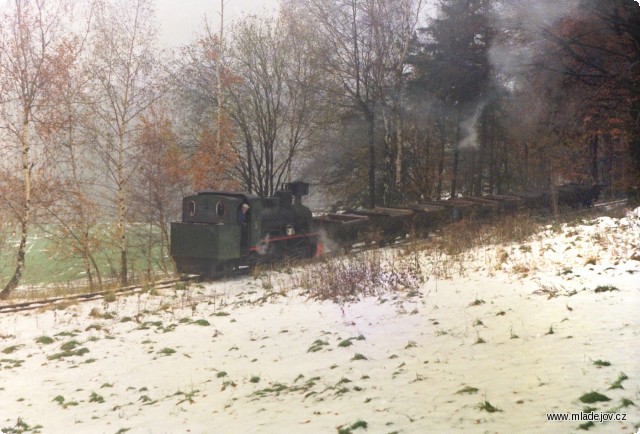 Fotografie Parní vlak vyjíždí z&nbsp;lesa v&nbsp;klesání pod Vekslem.