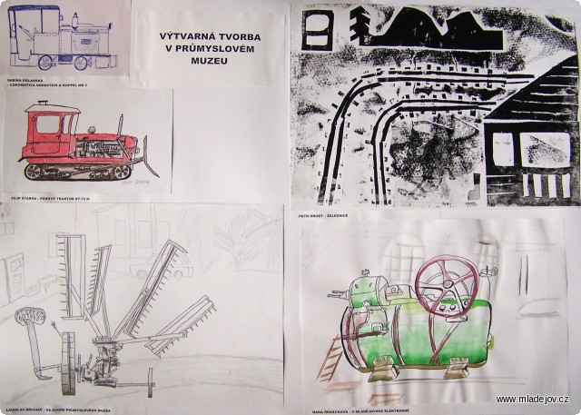 Fotografie Jeden z&nbsp;výstavních panelů věnovaných výtvarným dílům vzniklým přímo v&nbsp;Průmyslovém muzeu Mladějov při vzdělávacích projektech.