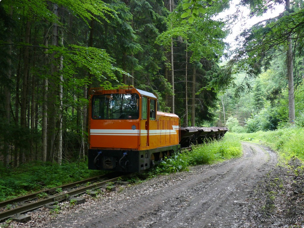 Fotografie Nákladní vlak za Novou Vsí u&nbsp;Kunčiny. Na rozdíl od doby před dvaceti lety nejsou výklopné vozy loženy vytěženým lupkem z&nbsp;Hřebče.