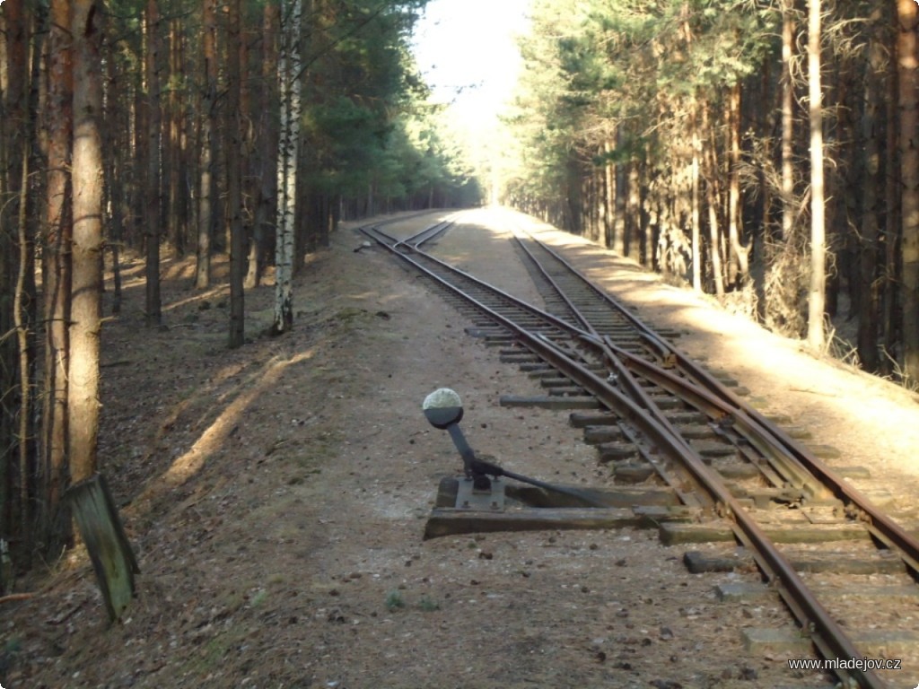 Fotografie Koncová tříkolejná výhybna, od úvrati Halbendorfer Wechsel leží celá trať až sem (kromě výhybek a kolejnicových spojek) na betonových pražcích, je to více než 5 km.
